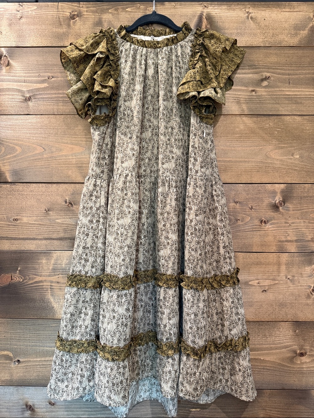 AUREUM Olive Cream Brown Floral Ruffle Dress